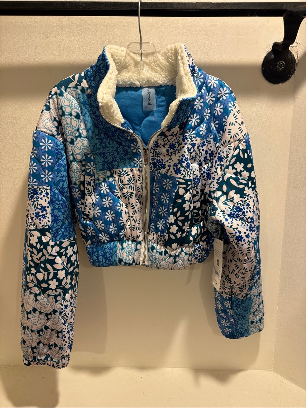 Altar'd State Blue Floral Patchwork Puffer Jacket with Sherpa Collar